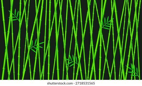 Uma floresta vetorial vibrante de hastes de bambu verde brilhante cria um padrão natural impressionante contra um fundo preto profundo evocando a tranquilidade asiática