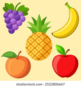 Vibrant Vector Fruit Collection Featuring Pineapple Peach Banana Apple and Grape