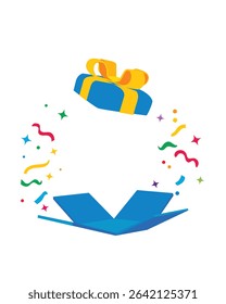 A vibrant vector of a gift box opening with ribbon and confetti bursting out. Ideal for celebration, party invitations, giveaway promotions, or surprise sale events. Editable and high-resolution.