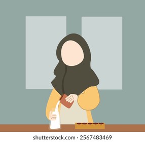A vibrant vector of a girl preparing iftar, surrounded by delicious dishes and warm, festive vibes. Simple yet joyful