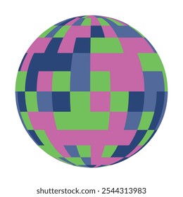 A vibrant vector globe features a mosaic of colors including green, pink, and blue. This artistic representation symbolizes global unity and diversity, perfect for educational or creative projects.