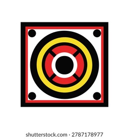 Vibrant vector graphic of concentric circles in red, yellow, and black on white background with bold square frame and corner dots, ideal for design elements.