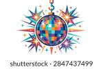 A vibrant vector graphic featuring a multi-colored disco ball with geometric facets in shades of blue, orange, yellow, and pink. The mirror ball is suspended from a blue chain hook and is surrounded by dynamic starburst shapes and shining sparkles in various colors, all set against a white background.