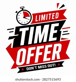 A vibrant vector graphic featuring a stopwatch and a ribbon banner proclaiming a limited time offer, set against a clean white background for versatile use in marketing materials.