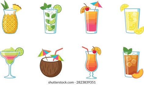 A vibrant vector graphic icon set featuring colorful summer cocktails, tropical mocktails, and refreshing beach beverages. The collection includes a tropical Piña Colada served in a pineapple-shaped glass garnished with pineapple leaves and a wedge, a refreshing Mojito packed with crushed ice, fresh mint, and lime slices, a layered Tequila Sunrise with an orange wheel, cherry, and paper umbrella, a tall glass of freshly squeezed lemonade filled with ice and lemon slices, a frozen margarita in a rimmed glass garnished with a lime wheel, a coconut drink served in a fresh split coconut with straws and mini paper umbrellas, a classic Tequila Sunrise or Sex on the Beach cocktail in a hurricane glass, and an iced peach tea or Long Island iced tea garnished with mint leaves and a fresh peach slice. Ideal for summer party invitations, beach bar menus, resort branding, cocktail lounge graphics, and tropical lifestyle designs.