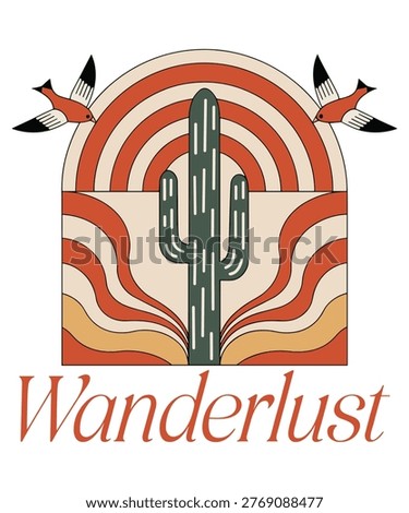 A vibrant vector graphic illustration of a cactus in front of a colorful desert sunset with the word Wanderlust