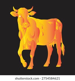 A vibrant vector graphic illustration showcases an orange and yellow cow standing calmly, rendered with a unique gradient design. This artistic bovine animal design is perfect for farm-themed projects or creative agricultural concepts.