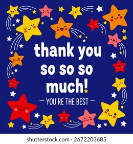  Uma ilustração de cartão de saudação vetor vibrante com estrelas bonitas, sorridentes em estilo kawaii e uma mensagem de gratidão sobre um fundo azul escuro no céu noturno, muito obrigado