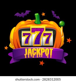Vibrant vector Halloween jackpot badge featuring a mini slot machine inside a smiling pumpkin with lucky 777 symbols and a dripping purple ribbon, great for casino slots.