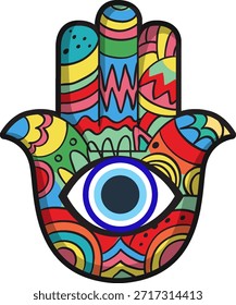 Vibrant vector Hamsa hand with bold patterns, central blue eye, and thick black outlines