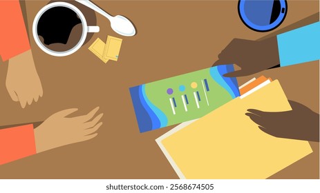 A vibrant vector of hands at a meeting table with coffee cups documents and colorful charts symbolizing teamwork collaboration data analysis and creative brainstorming in a workspace setting.