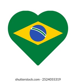 A vibrant vector heart-shaped element in colors of Brazilian flag in a flat cartoon style. Tourism campaigns, design brochures, flyers, or packaging