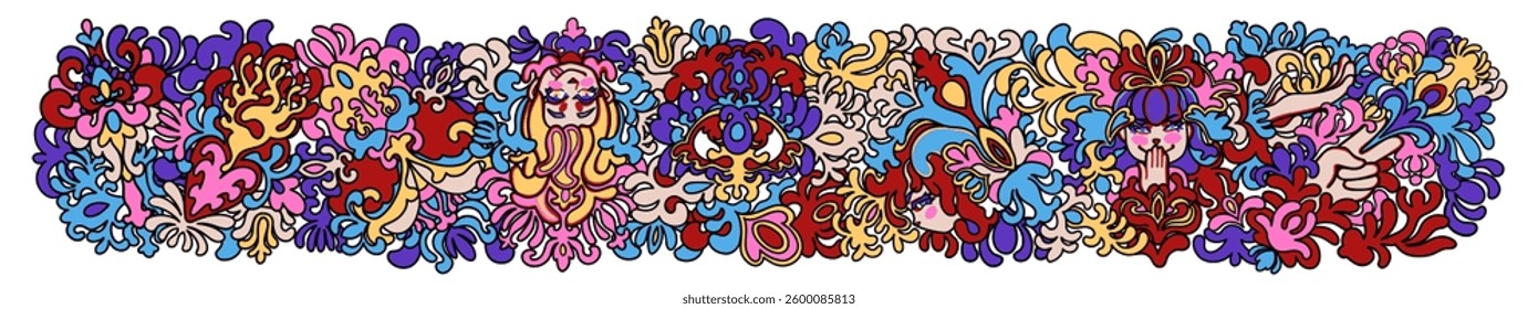 A vibrant vector horizontal design featuring anime female faces, flowers, and decorative elements in psychedelic and Art Nouveau style. Vector horizontal clip art isolated on a white background