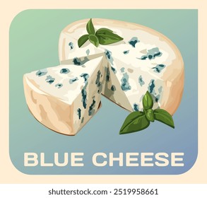 Icono de Vector vibrante de queso azul, para diseños culinarios. Una Grande y cremosa rueda de queso azul, con una cuña tentadora. Detalles intrincados y colores ricos ilustración de dibujos animados