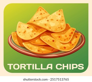 Ícone de vetor vibrante de uma pilha de chips de tortilla crocantes, um elemento básico da culinária mexicana. Chips marrom dourado e ostentar um grunch satisfatório, perfeito lanche ilustração cartoon. Plano de fundo brilhante 