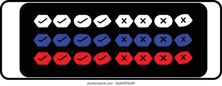  Vibrant vector icon set with check and cross marks in hexagon and oval shapes for approval, rejection, selection, and notifications in apps, dashboards, forms, and modern UI UX projects.