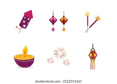 Um vibrante conjunto de ícones vetoriais com elementos simbólicos do Diwali, como diyas, foguetes, luzes e lanternas suspensas festivas.