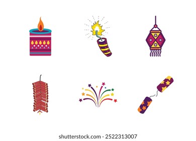 A vibrant vector icon set featuring symbolic Diwali elements such as Diyas, firecrackers, and festive light and hanging pattern .