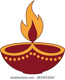 A vibrant vector icon of a traditional Indian diya oil lamp featuring a stylized flame. The lamp is adorned with decorative golden accents and dots, symbolizing light and celebration.