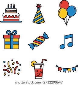 Ícones vetoriais vibrantes que retratam elementos essenciais para uma festa de aniversário festiva ou evento de celebração. Estilo plano.
