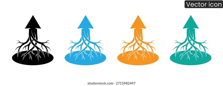 Ícones de vetor vibrantes que retratam setas em crescimento com raízes em preto, azul, laranja e azul-petróleo, simbolizando crescimento e sucesso