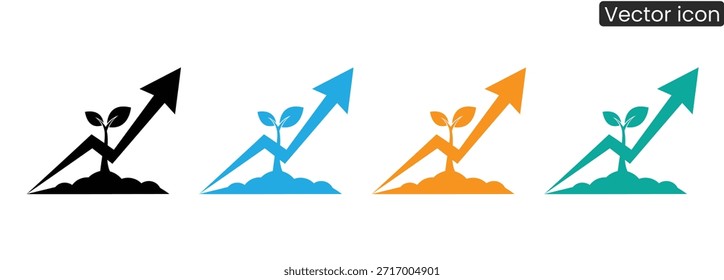 Vibrant vector icons depicting growing plants with upward arrows in four colors, symbolizing business growth and success