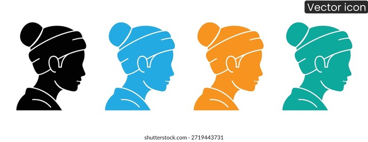 Vibrant vector icons featuring four women with chic hair buns in different colors, perfect for modern designs and digital projects