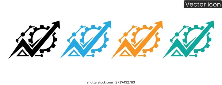 Iconos vectoriales vibrantes con símbolos de engranajes y flechas en negro, azul, naranja y verde, que representan el crecimiento y el éxito del negocio