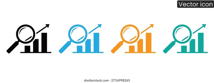 Iconos vectoriales vibrantes con lupas en gráficos de barras, perfectos para conceptos comerciales y financieros