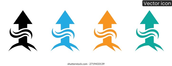 Vibrant vector icons featuring upward arrows with flowing waves in black, blue, orange, and green, symbolizing growth and progress