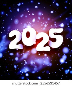 Vibrant vector illustration of 2025 featuring abstract neon colors, glowing lights, and sparkling bokeh on a dark background.