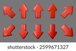 Vibrant vector illustration of 3D red arrows depicting upward and downward movement. Ideal for infographics, presentations, and navigation hints to engage your audience effectively.