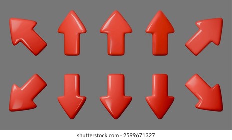 Vibrant vector illustration of 3D red arrows depicting upward and downward movement. Ideal for infographics, presentations, and navigation hints to engage your audience effectively.