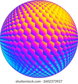 Vibrant vector illustration of a 3D sphere with hexagonal patterns and a striking gradient of colors. The design features a seamless blend of yellow, pink, and blue hues