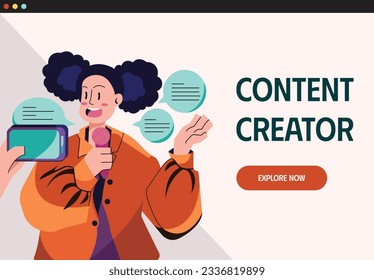 Vibrant vector illustration of a 90s-inspired content creator girl confidently presenting with a mobile phone camera. Perfect for retro-themed projects and Content Creator Activity collections