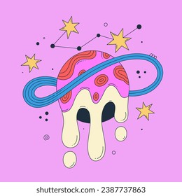 Vibrant vector illustration with abstract patterned planet, constellation on pink background. Bright galactic. Cartoon space. Playful, surreal, colorful style. Notebook cover, poster, t-shirt print