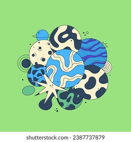 Vibrant vector illustration with abstract patterned planets, stars on green background. Bright galactic. Cartoon space. Playful, surreal, and colorful style. Notebook cover, poster, t-shirt print