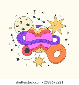 Vibrant vector illustration with abstract patterned planets, stars on light background. Bright galactic. Cartoon space. Playful, surreal, and colorful style. Notebook cover, poster, t-shirt print