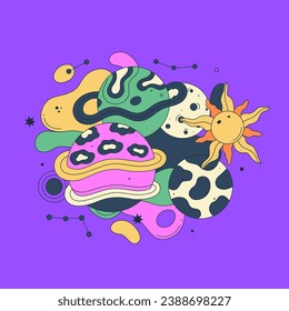 Vibrant vector illustration with abstract patterned planets, sun on purple background. Bright galactic. Cartoon space. Playful, surreal, and colorful style. Notebook cover, poster, t-shirt print