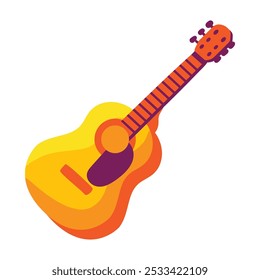 A vibrant vector illustration of acoustic guitar in joyful cartoon style. A lively music festival or celebration with joyous atmosphere. Music cafe or club decoration