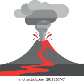 Vibrant vector illustration of an active volcano erupting, featuring flowing red lava and a large grey ash cloud. Ideal for educational content, natural disaster warnings, or geological studies.