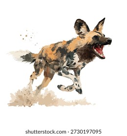 Vibrant vector illustration of an African wild dog running, kicking up dust. Ideal for wildlife, nature, and conservation projects.