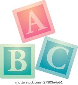 Una vibrante Ilustración vectorial de bloques de alfabeto con las letras A, B y C. Diseñados como un juguete educativo, estos bloques de colores ayudan a enseñar a los niños las habilidades de alfabetización y el alfabeto. Ideal para materiales educativos, diseños infantiles o recursos de aprendizaje.