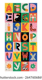Vibrant vector illustration of the alphabet featuring letters paired with related animals and objects. Ideal for educational materials and creative children’s designs.