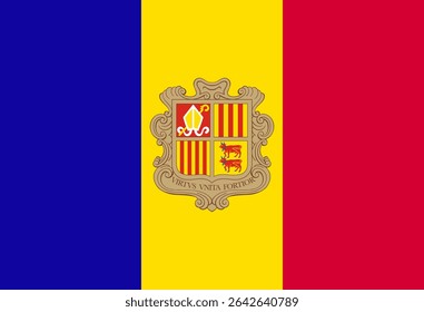 Vibrant vector illustration of Andorra's flag, featuring its coat of arms.