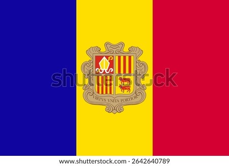 Vibrant vector illustration of Andorra's flag, featuring its coat of arms.