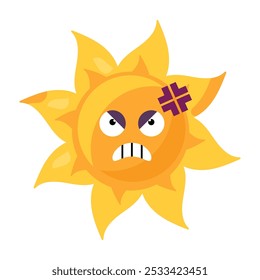 Uma ilustração vetorial vibrante de um emoji de sol raivoso em uma cor amarela brilhante em um estilo de desenho animado. Um personagem ou emoticon transmitindo emoções furiosas