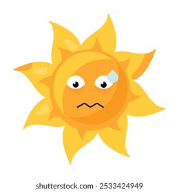 Uma ilustração vetorial vibrante de emojis ansiosos do sol em uma cor amarela brilhante em um estilo de desenho animado. Personagem emoticon brilhante adiciona um toque de humor às mensagens sobre situação estressante