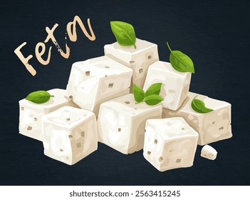 Vibrant vector illustration of arrangement of crumbly feta cheese, a staple of Greek cuisine. White cubes, adorned with fresh basil leaves, exude a sense of freshness and gourmet appeal