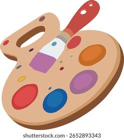 Ilustração vetorial vibrante da paleta de pintura de um artista com bolhas coloridas e um pincel. Ideal para temas de design criativo, suprimentos de arte, educação ou conteúdo relacionado a hobby.